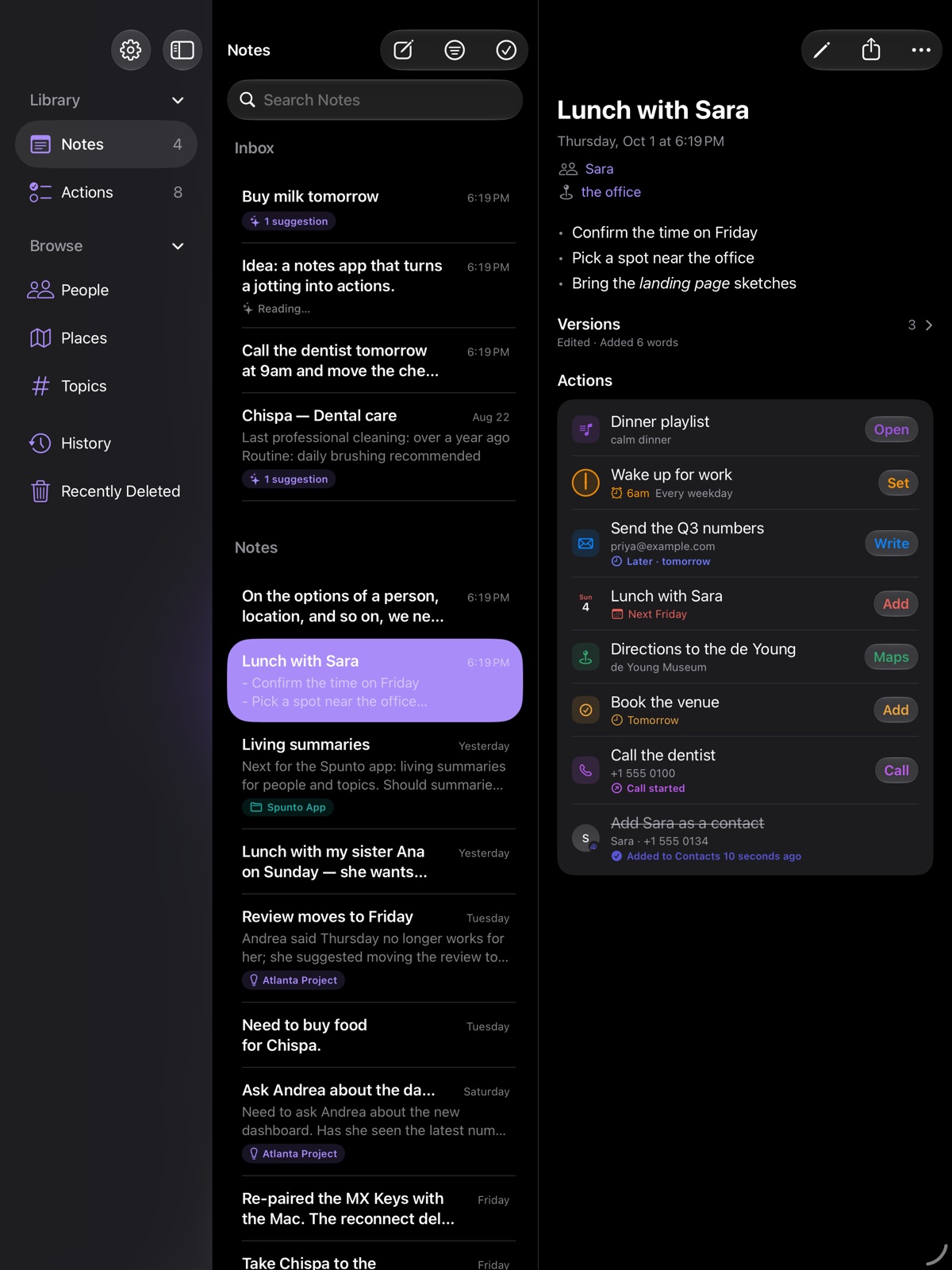 iPad in dark mode: a note and its actions.
