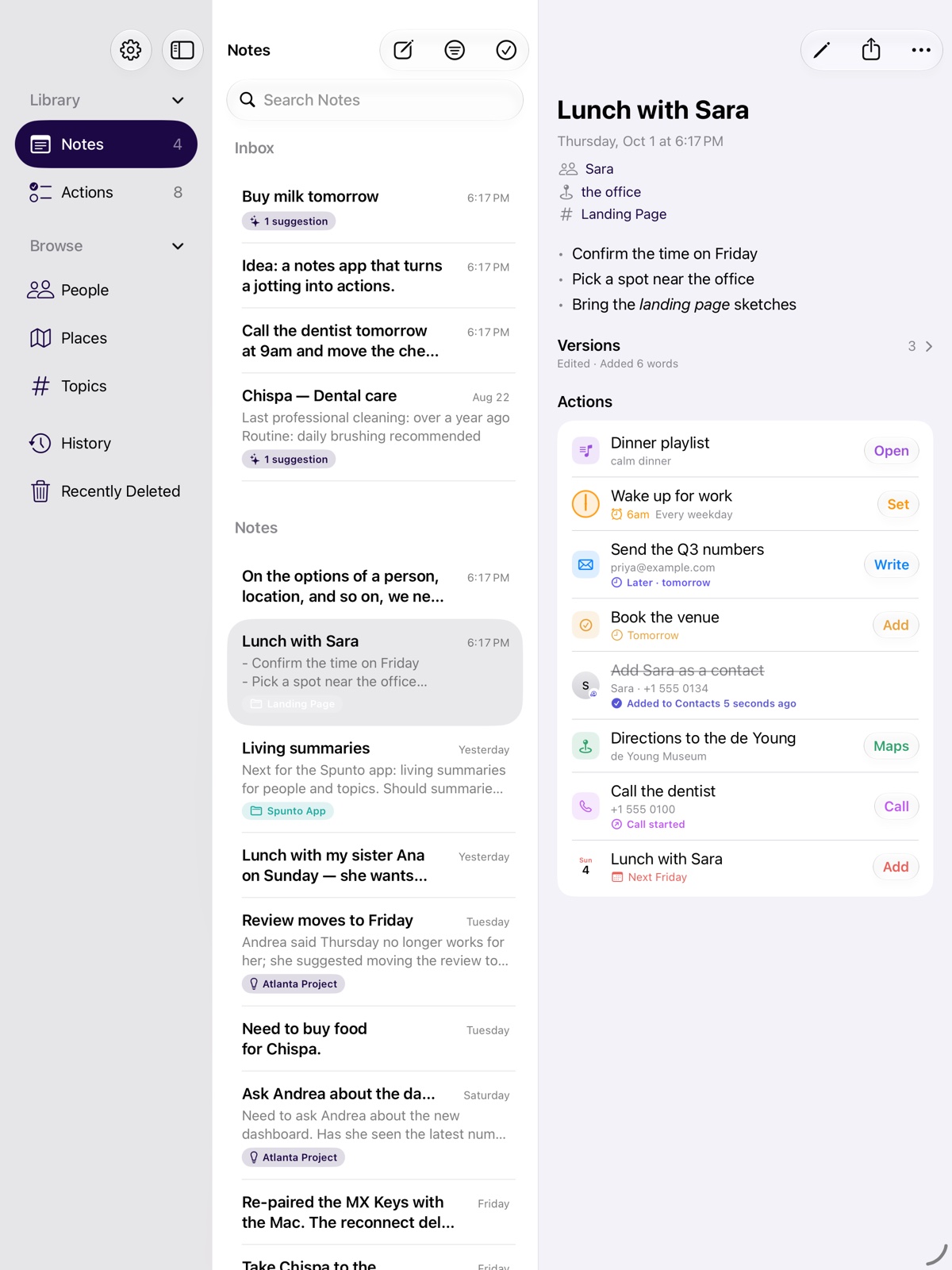 Spunto on iPad: sidebar, Notes list with the Inbox on top, and a note with its actions.
