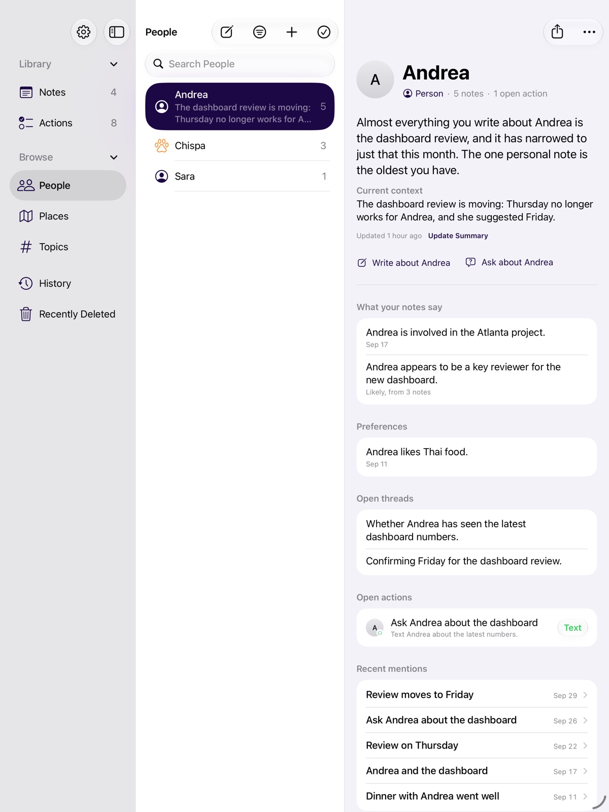 Spunto on iPad: the Library sidebar, a list of people, and Andrea’s page, which sums up five notes into current context, preferences, open threads and an open action.