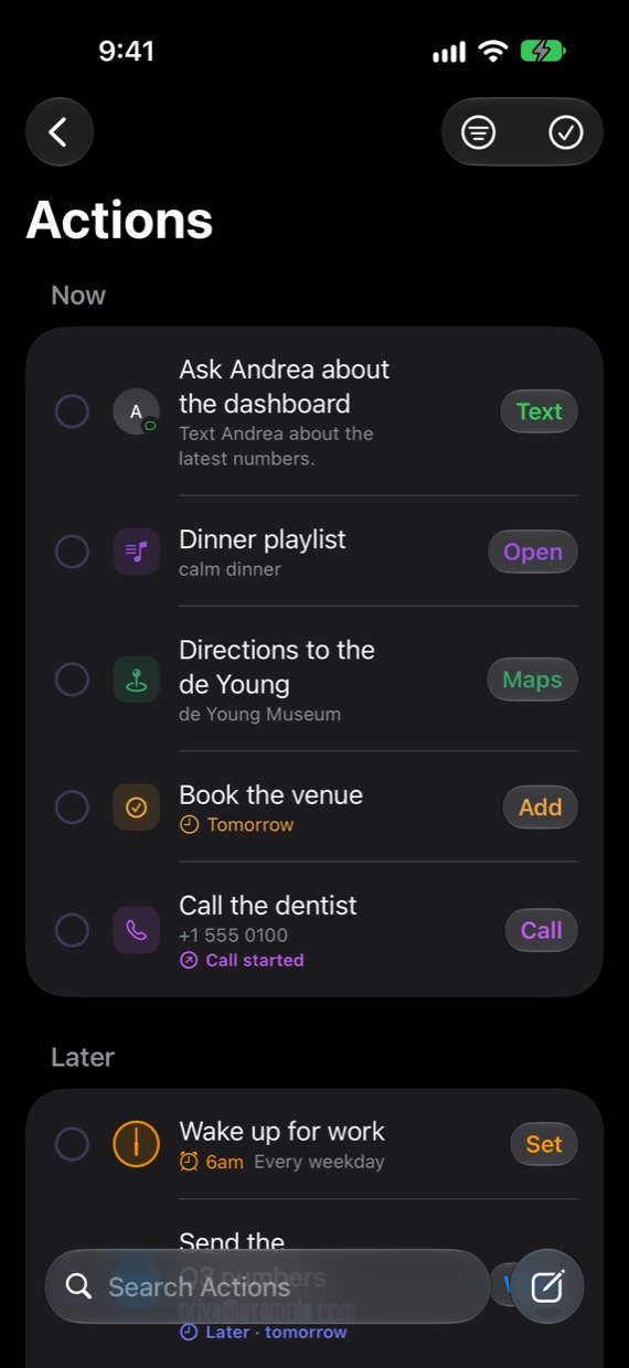 iPhone in dark mode: the Actions list.