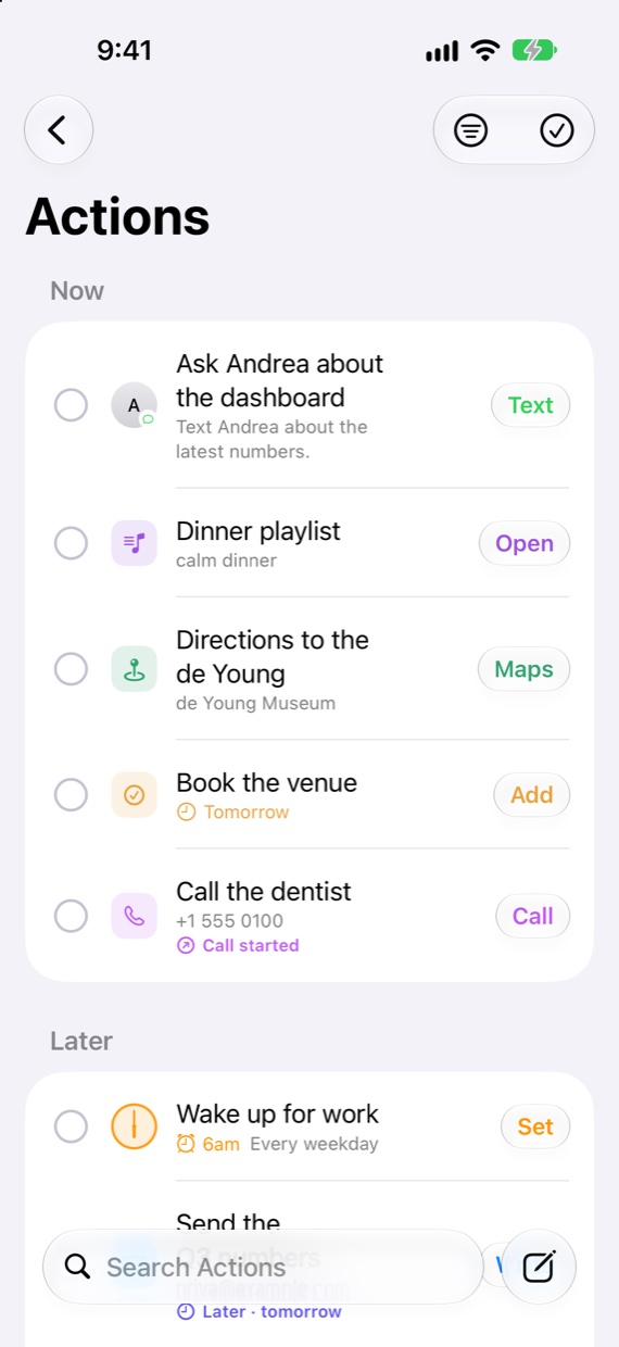 The Actions list on iPhone, with Text, Open, Maps, Add and Call buttons beside each action.