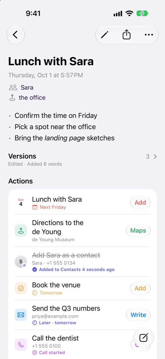 A note called Lunch with Sara, with its actions listed underneath: Add to Calendar, Maps, Write and Call.