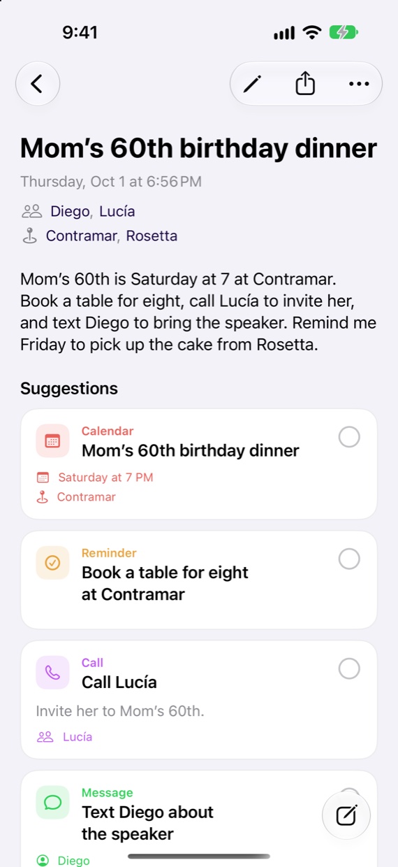 The same note, read: Diego, Lucía, Contramar and Rosetta picked out, and suggestions for a calendar event, a reminder to book the table, a call to Lucía and a text to Diego.