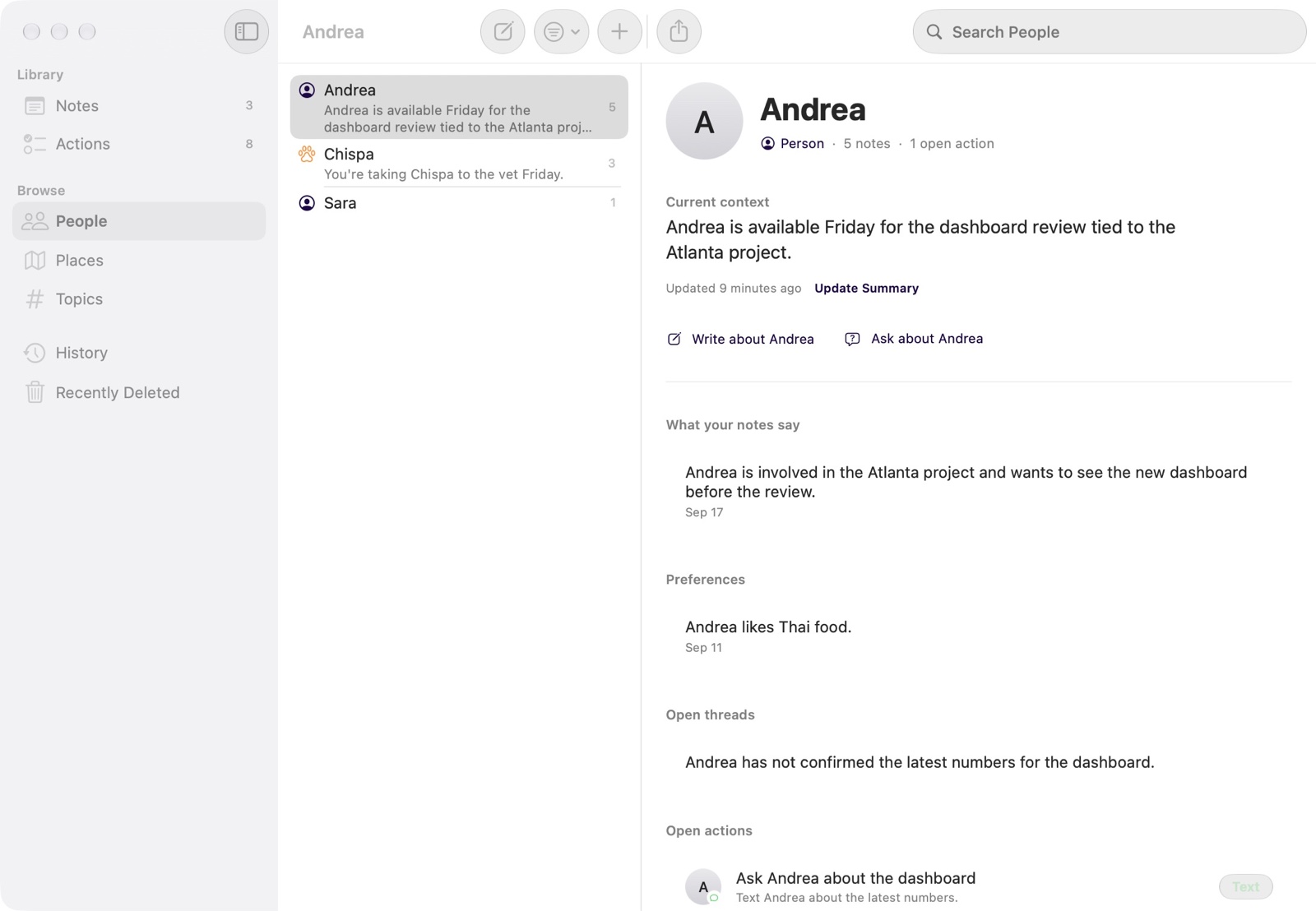 Spunto on the Mac: the Library sidebar, a list of people, and Andrea’s page.