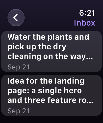 The watch’s Inbox, listing two notes waiting to be read.